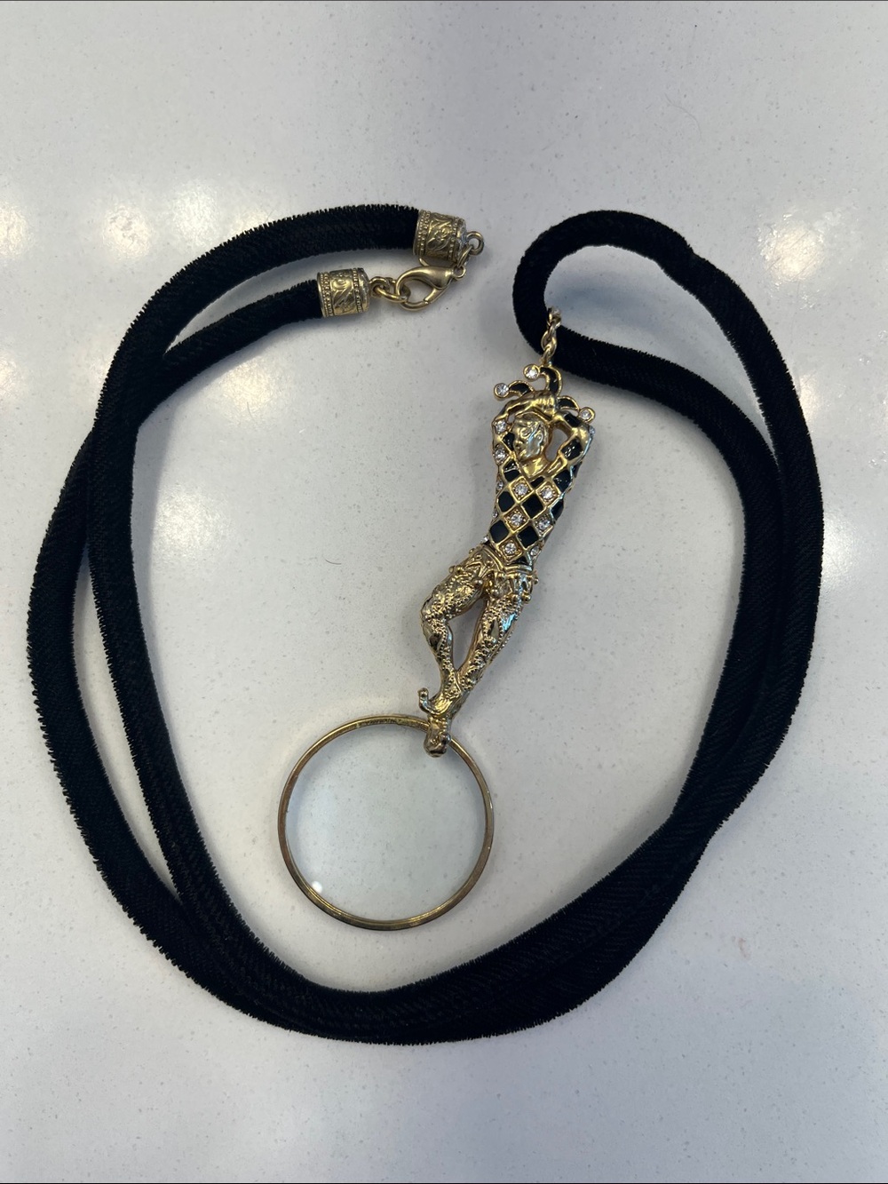 Vintage Gold Harlequin Pendant Necklace with Black Cord